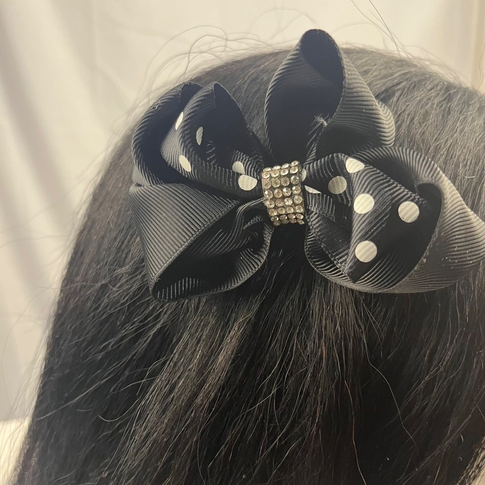 Black White Polka Dot Bow Hair Clip Bedazzled‎ Center Women's Accessory